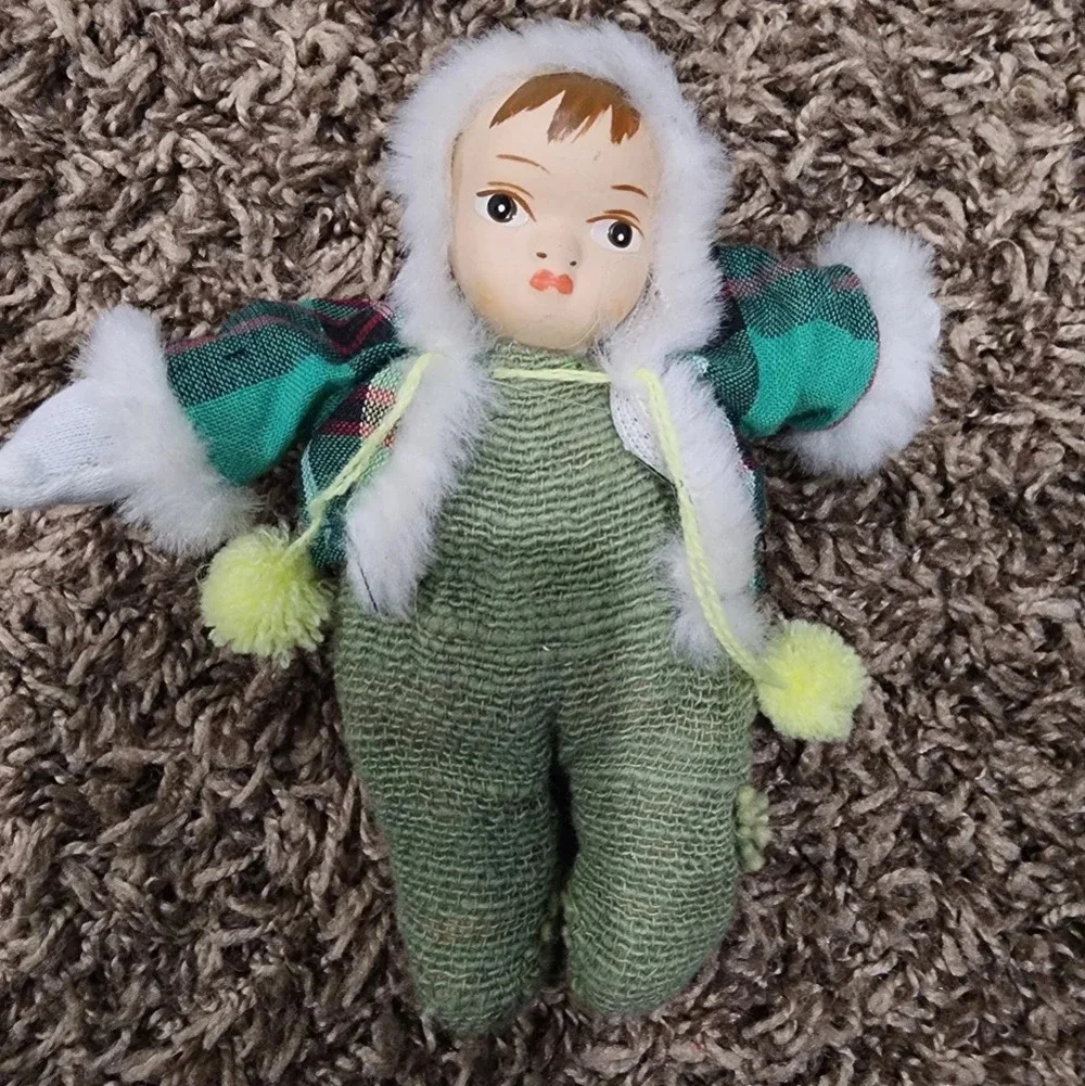 Vintage Eskimo Sandbag Mini Doll Hand-Painted Porcelain Face Green Coat